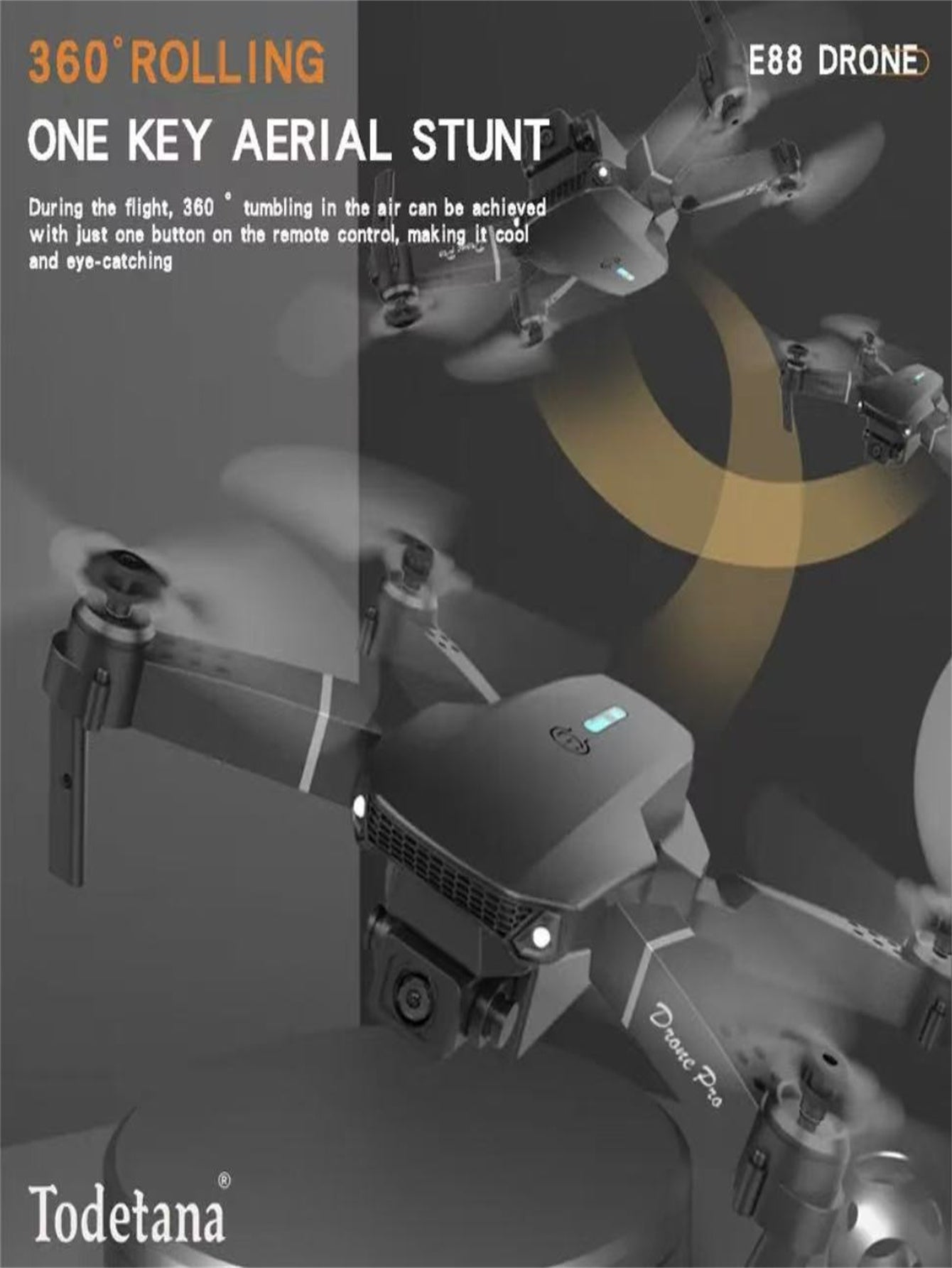 E88 Smart Camera Drone with text about aerial stunts and brand name Todetana on a dark background
