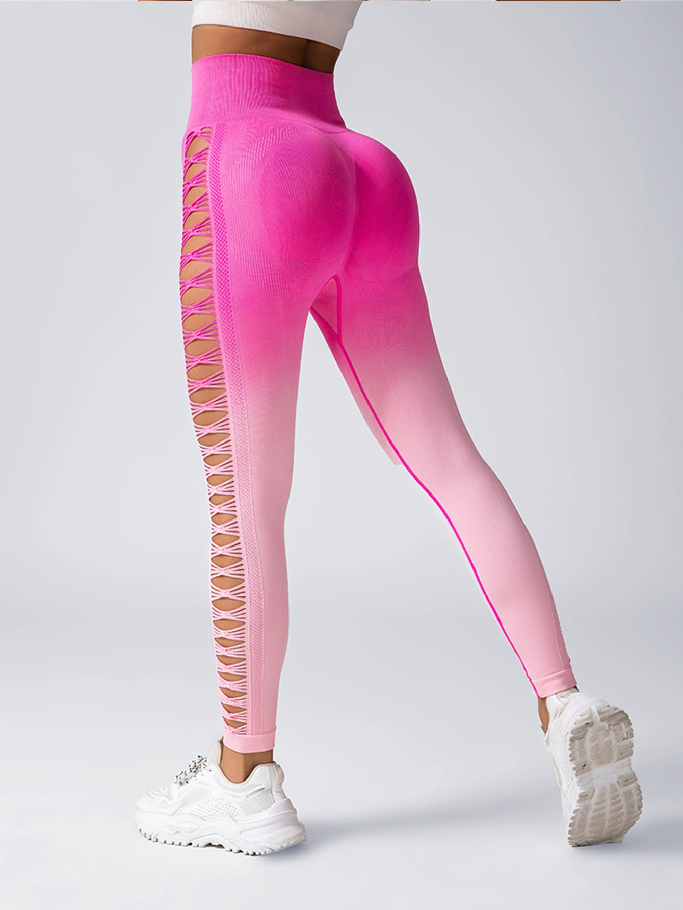 Back view showing booty-lifting contour and cutout design