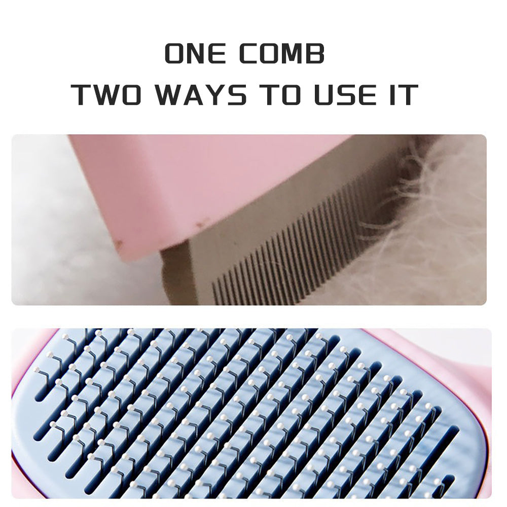 Pet grooming comb with two different uses shown on a white background
