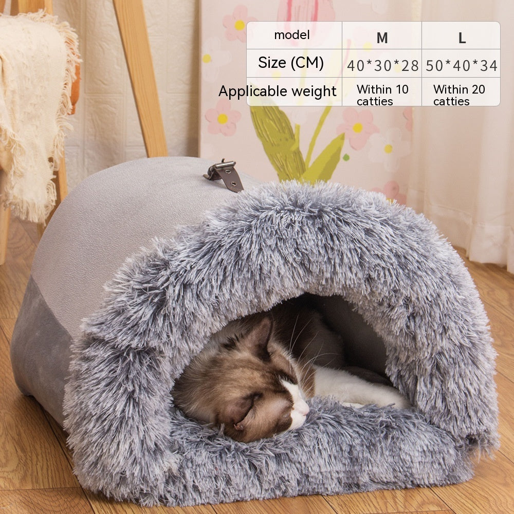 Portable pet nest bed for cats and dogs in gray color with a cat inside with size dimensions