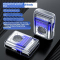 Transparent gradient blue electric shaver with features listed on a dark background