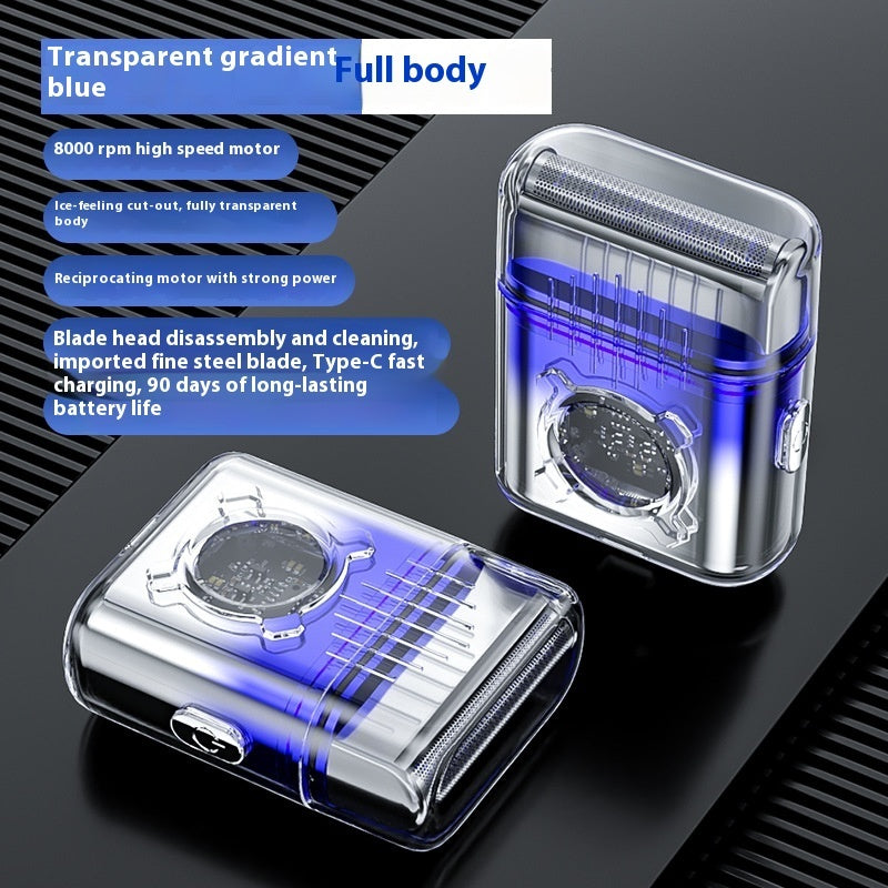 Transparent gradient blue electric shaver with features listed on a dark background