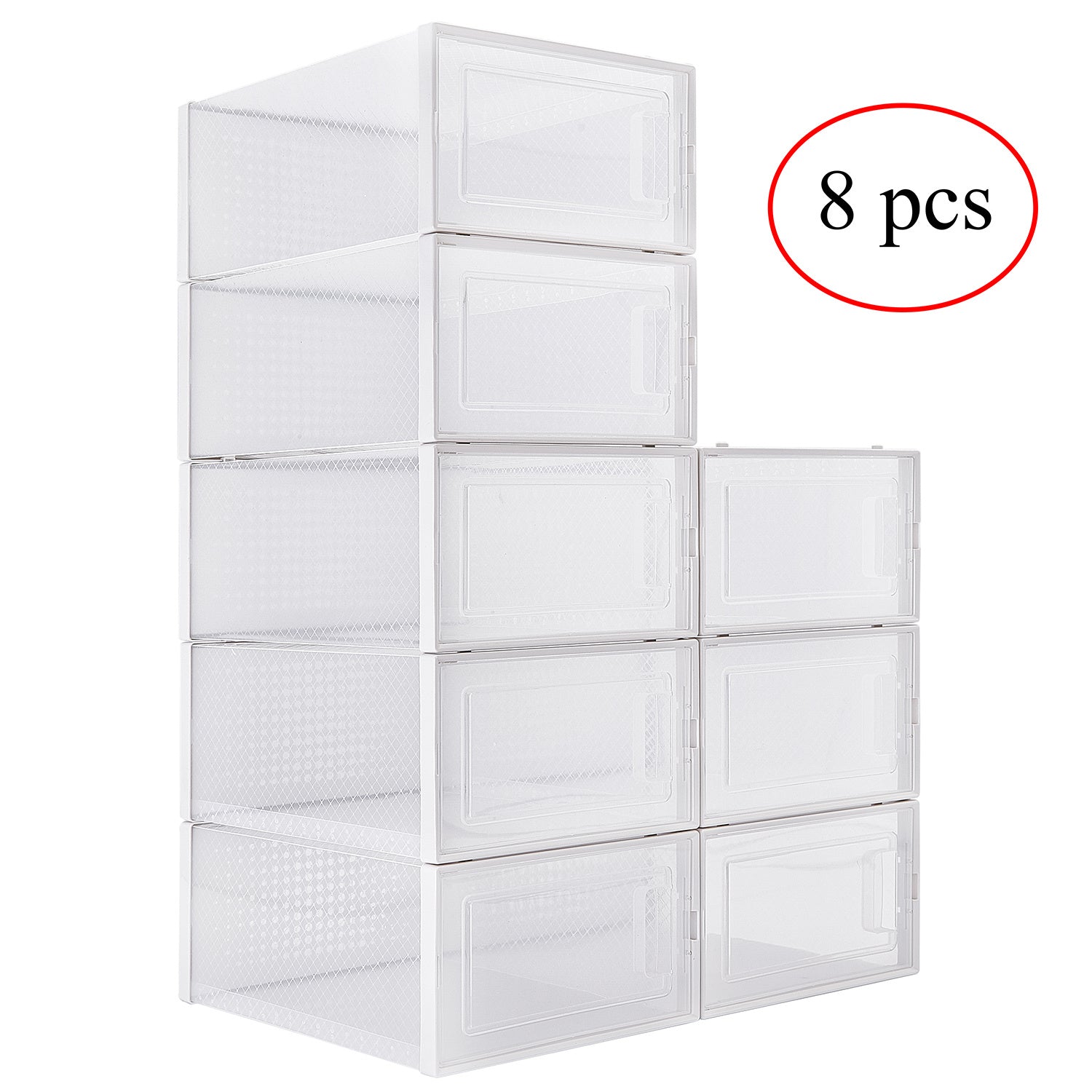 Set of eight clear storage drawers on a white background with '8 pcs' text