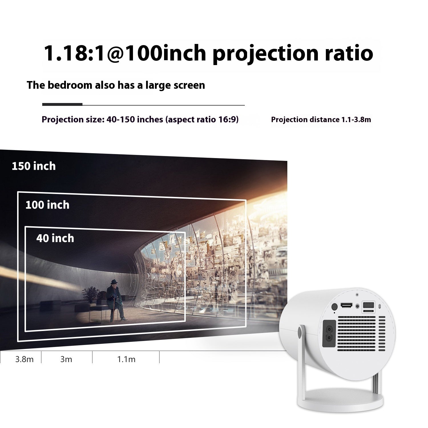 Portable HY300 smart projector for home theater use with screen size and projection ratio information on a white background