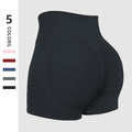 Black high-waisted shorts on a light gray background with color swatches on the left