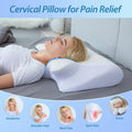 Cervical pillow for pain relief being used by a person on a bed, with text indicating it helps with various pains.