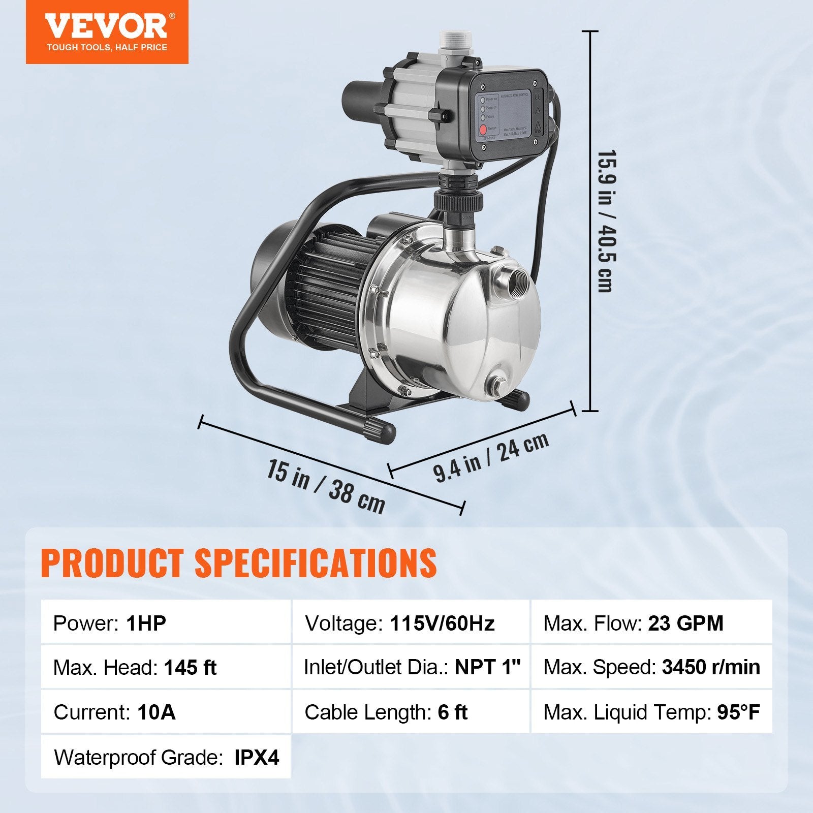 Vevor pump with dimensions and specifications on a light blue background