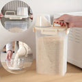 Person using a rice measuring scoop with a container of rice on a wooden surface