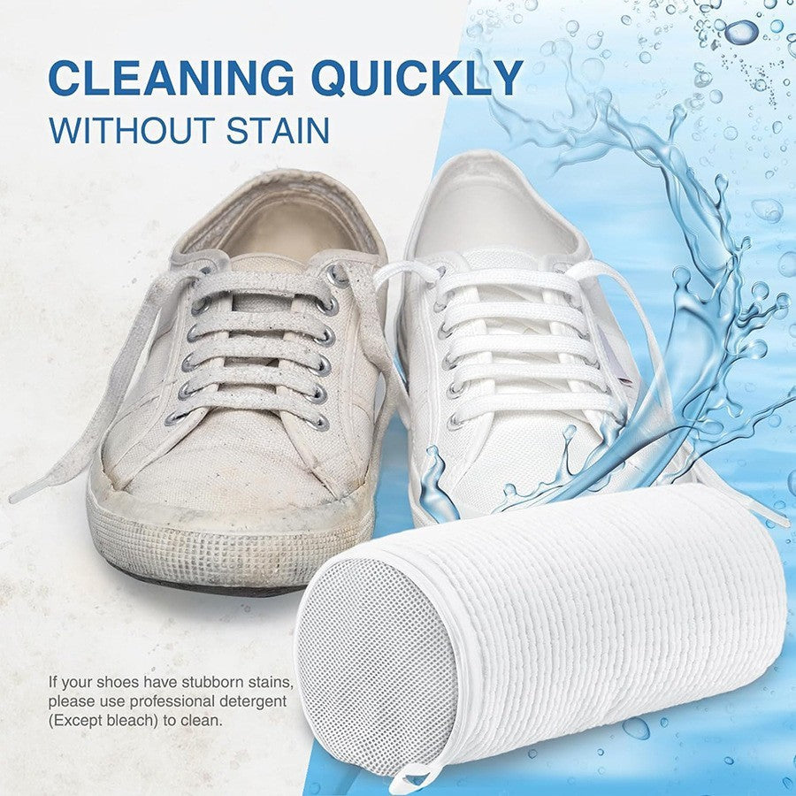White shoe dryer with a gray shoe inside on a white background; White polyester mesh shoe washing laundry bag designed to protect shoes from deformation during machine washing