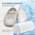 White sneakers and a cleaning tool with water splashes on a light blue background, emphasizing quick cleaning without stains; White polyester mesh shoe washing laundry bag designed to protect shoes from deformation during machine washing