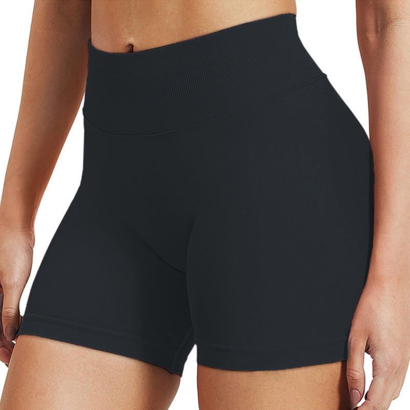 Blue athletic shorts with color swatches on a white background; High-waist breathable women's sports shorts in solid color