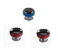Three small round electronic devices in blue, red, and black on a white background