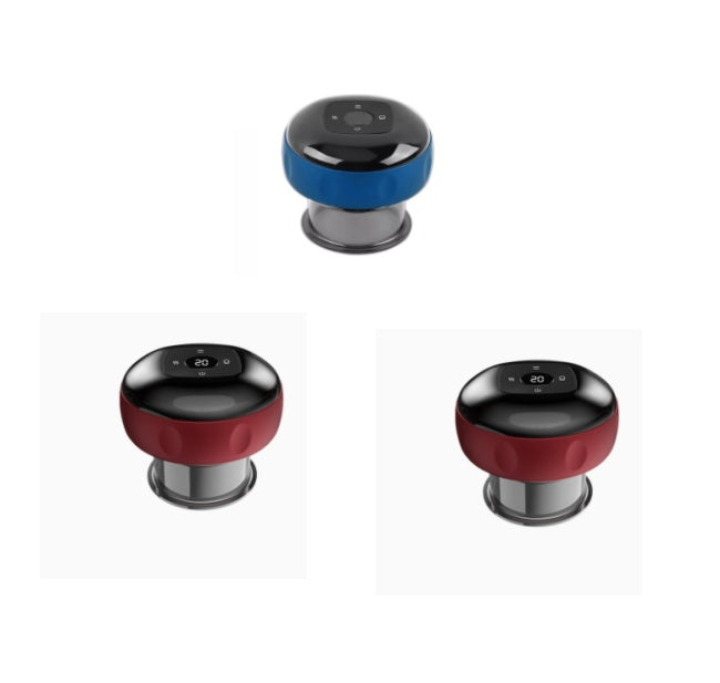 Three small round electronic devices in blue, red, and black on a white background
